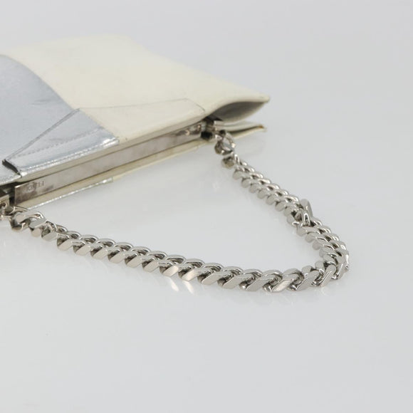 FENDI Chain Hand Bag Leather Silver White Auth 194186