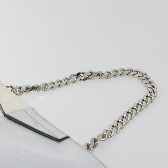 FENDI Chain Hand Bag Leather Silver White Auth 194186