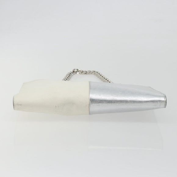 FENDI Chain Hand Bag Leather Silver White Auth 194186