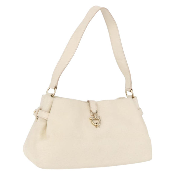 Salvatore Ferragamo Gancini Hand Bag Leather White Gold Tone Auth 194209A