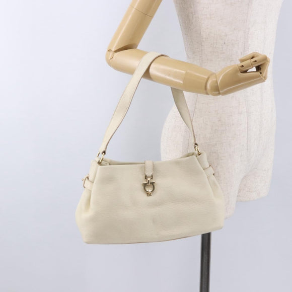 Salvatore Ferragamo Gancini Hand Bag Leather White Gold Tone Auth 194209A