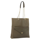 CELINE Chain Tote Bag Leather Khaki Gold Tone Auth 194216-1