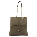 CELINE Chain Tote Bag Leather Khaki Gold Tone Auth 194216-2