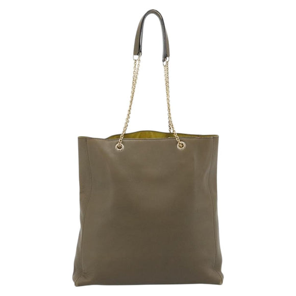 CELINE Chain Tote Bag Leather Khaki Gold Tone Auth 194216