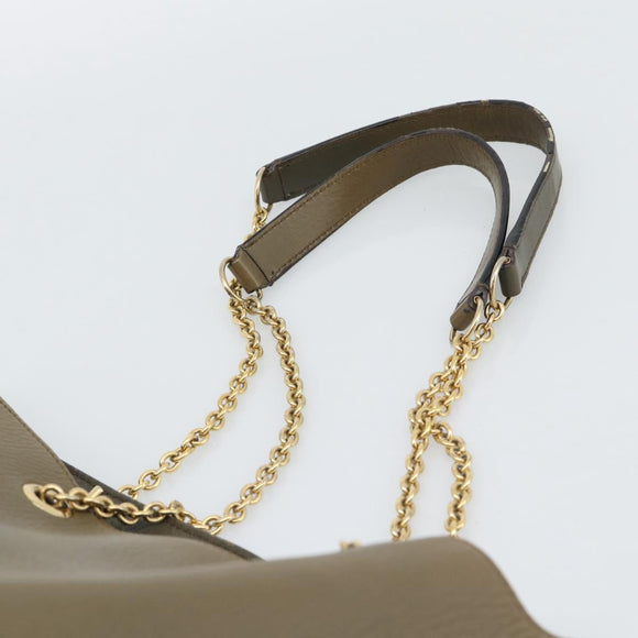 CELINE Chain Tote Bag Leather Khaki Gold Tone Auth 194216