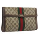 GUCCI PARFUMS GG Supreme Web Sherry Line Clutch Bag PVC Beige Gold Auth 194232-1