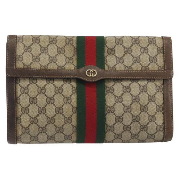 GUCCI PARFUMS GG Supreme Web Sherry Line Clutch Bag PVC Beige Gold Auth 194232