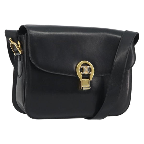 CELINE Shoulder Bag Leather Black Gold Auth 194233