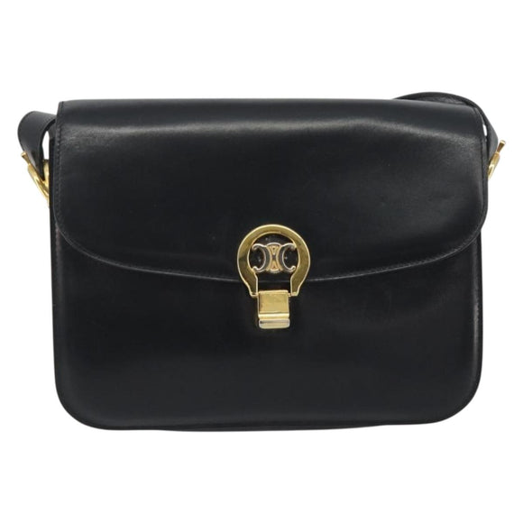 CELINE Shoulder Bag Leather Black Gold Auth 194233