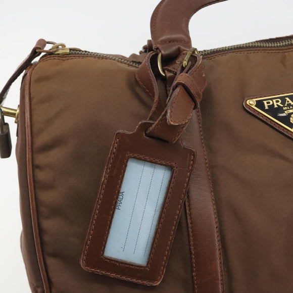 PRADA Hand Bag Nylon Brown Gold Auth 194238