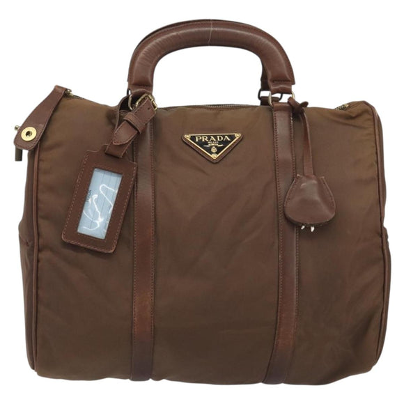 PRADA Hand Bag Nylon Brown Gold Auth 194238