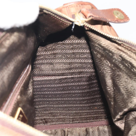 PRADA Hand Bag Nylon Brown Gold Auth 194238