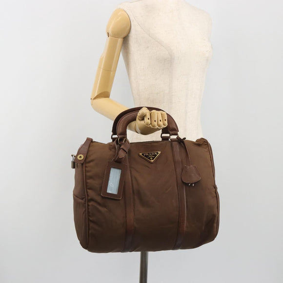 PRADA Hand Bag Nylon Brown Gold Auth 194238