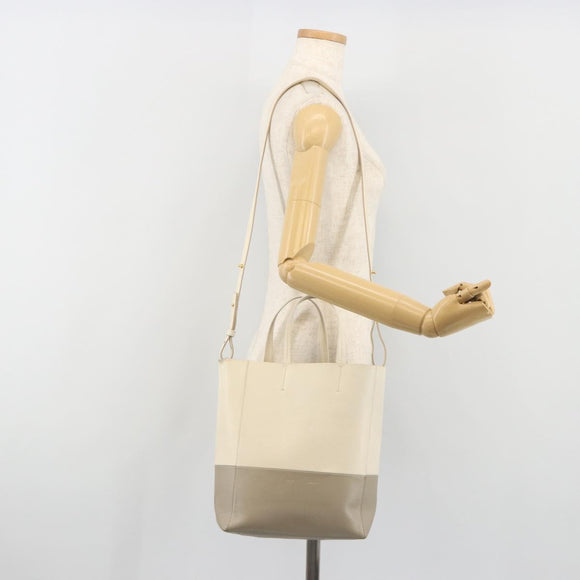 CELINE Vertical Cabas Small Hand Bag Calf Skin 2way White Gray gold Auth 194240