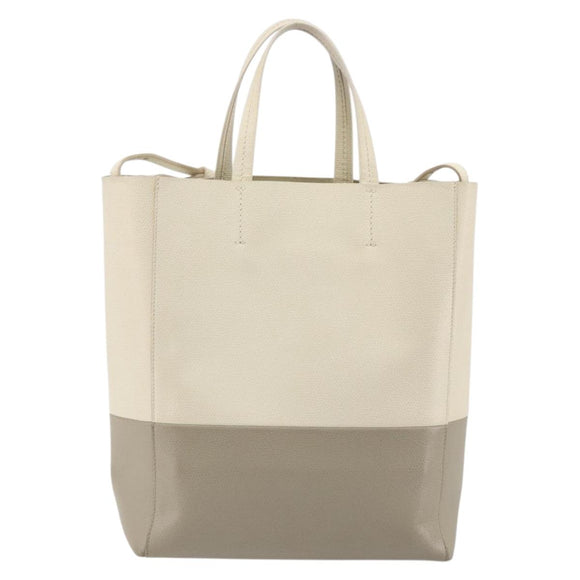 CELINE Vertical Cabas Small Hand Bag Calf Skin 2way White Gray gold Auth 194240