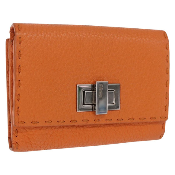 FENDI Celeria Wallet Leather Orange Silver Auth 194243A