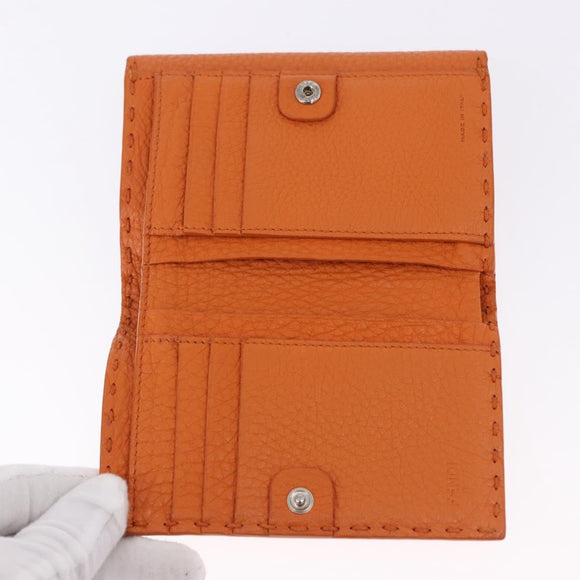 FENDI Celeria Wallet Leather Orange Silver Auth 194243A