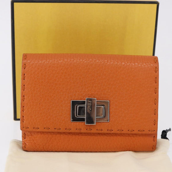FENDI Celeria Wallet Leather Orange Silver Auth 194243A