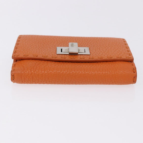 FENDI Celeria Wallet Leather Orange Silver Auth 194243A