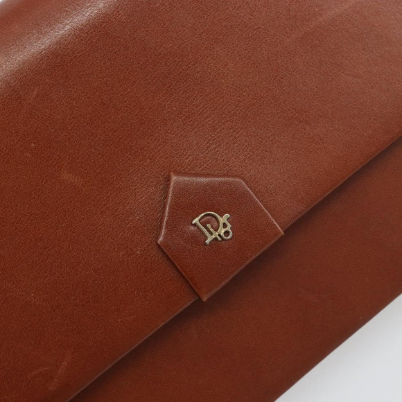 Christian Dior Chain Shoulder Bag Leather Brown Gold Auth 194279