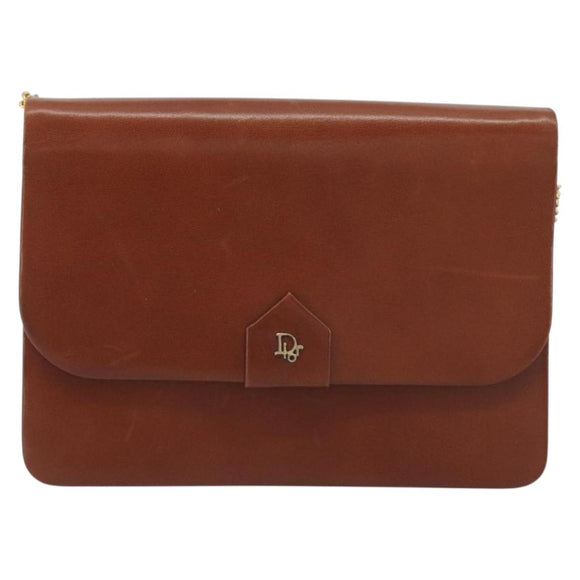 Christian Dior Chain Shoulder Bag Leather Brown Gold Auth 194279