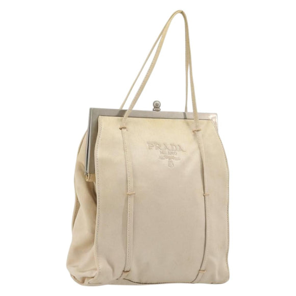 PRADA Hand Bag Satin Beige Silver Auth 194289
