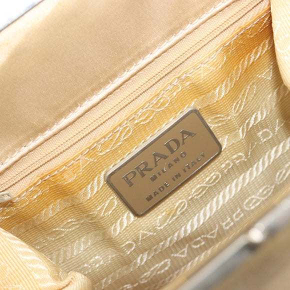 PRADA Hand Bag Satin Beige Silver Auth 194289