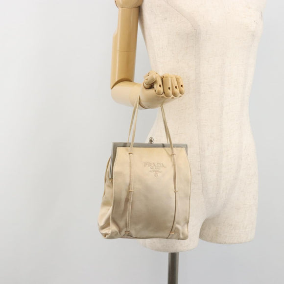 PRADA Hand Bag Satin Beige Silver Auth 194289