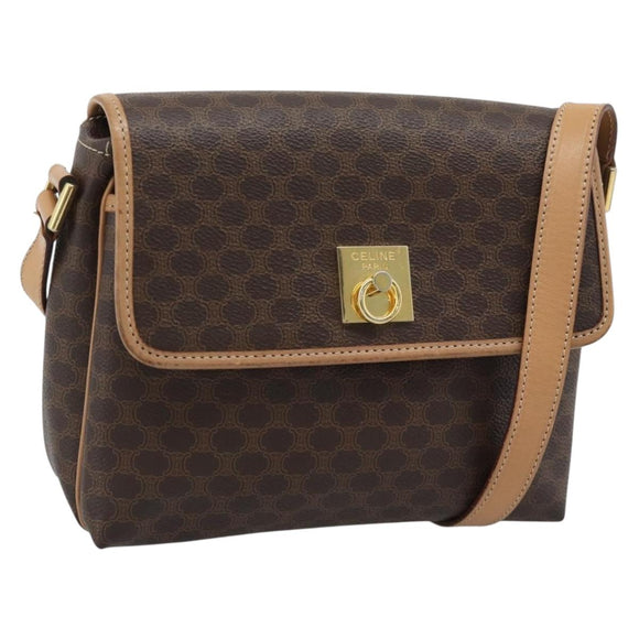 CELINE Macadam Canvas Shoulder Bag PVC Leather Brown Gold Auth 194297A