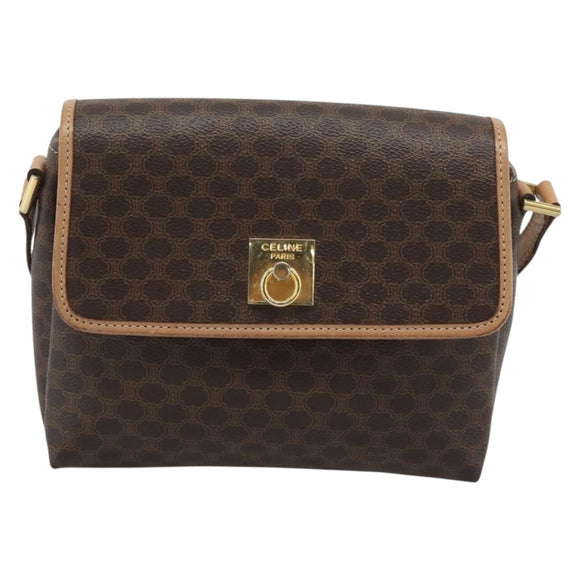 CELINE Macadam Canvas Shoulder Bag PVC Leather Brown Gold Auth 194297A