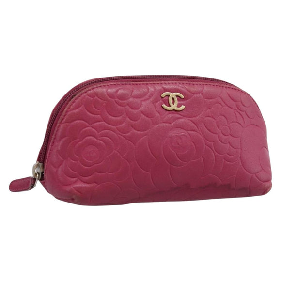 CHANEL Camelia Pouch Leather Pink Gold Tone CC Auth 194298