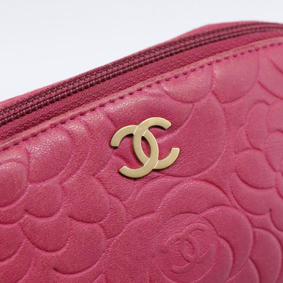 CHANEL Camelia Pouch Leather Pink Gold Tone CC Auth 194298