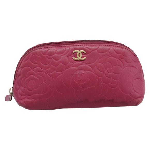 CHANEL Camelia Pouch Leather Pink Gold Tone CC Auth 194298