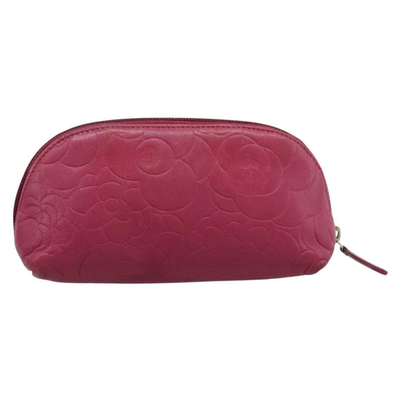 CHANEL Camelia Pouch Leather Pink Gold Tone CC Auth 194298
