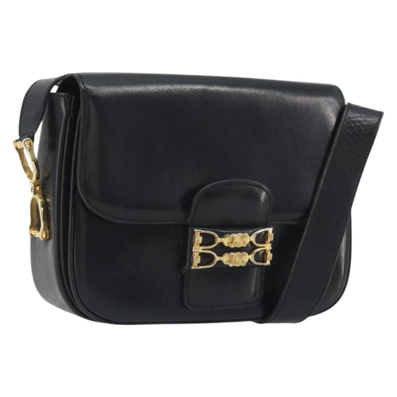 CELINE Shoulder Bag Leather Black Gold Auth 194301