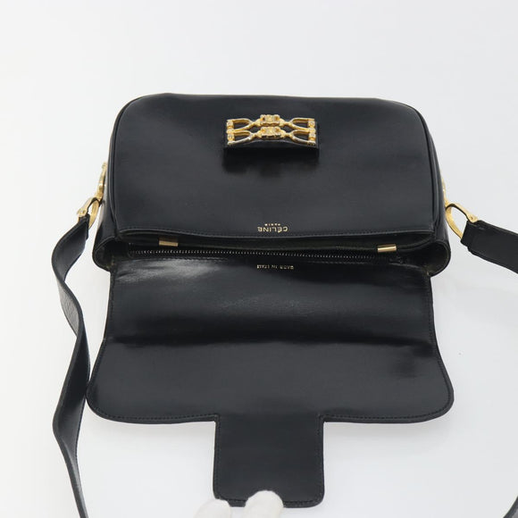 CELINE Shoulder Bag Leather Black Gold Auth 194301