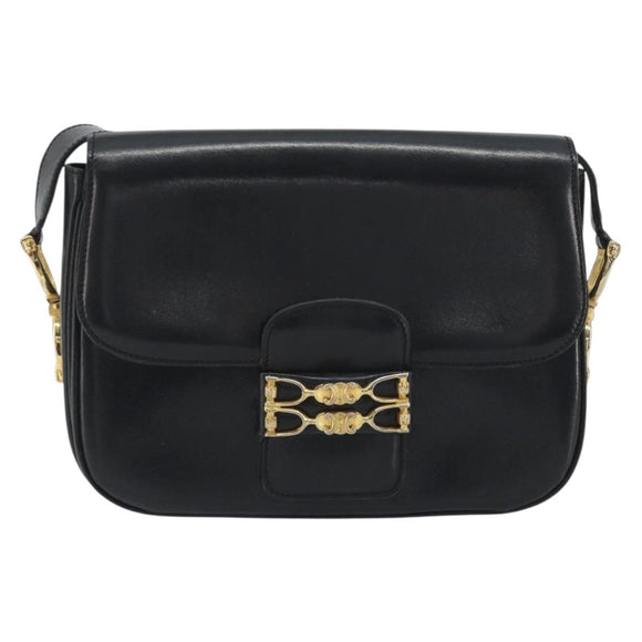 CELINE Shoulder Bag Leather Black Gold Auth 194301