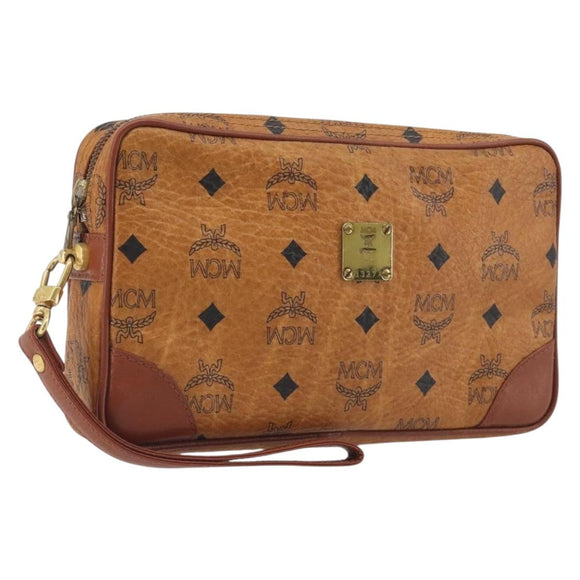MCM Vicetos Logogram Clutch Bag PVC Leather Brown Gold Auth 194313A