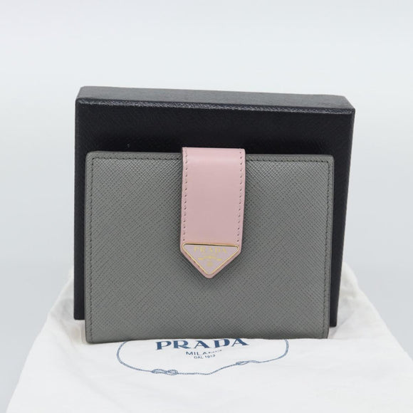 PRADA Bifold Wallet Saffiano leather Gray Gold Auth 194318M