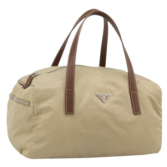 PRADA Hand Bag Nylon Beige Silver Auth 194328A