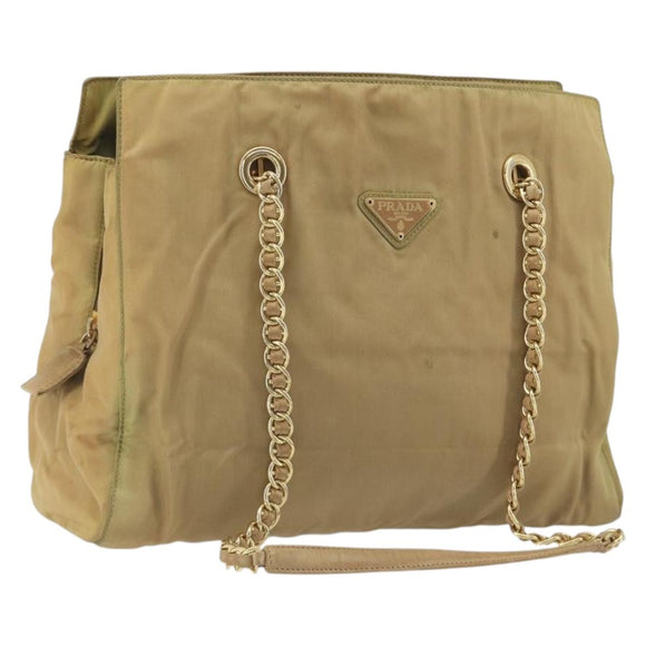 PRADA Chain Tote Bag Nylon Beige Gold Auth 194329