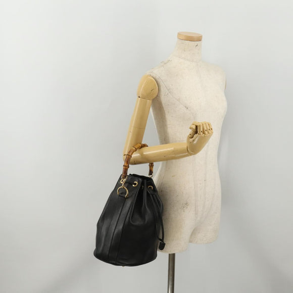GUCCI Bamboo Hand Bag Leather Black Gold 001 2684 1657 Auth 194334