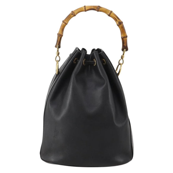 GUCCI Bamboo Hand Bag Leather Black Gold 001 2684 1657 Auth 194334