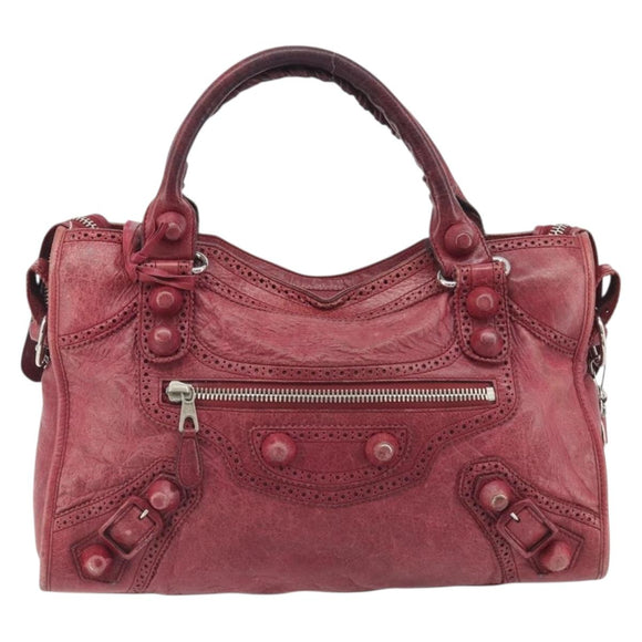 BALENCIAGA The Giant City Hand Bag Leather 2way Red Silver 204529 Auth 194336V