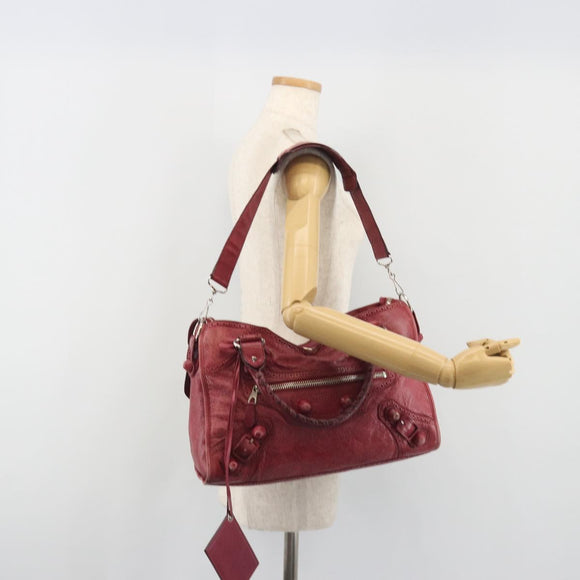 BALENCIAGA The Giant City Hand Bag Leather 2way Red Silver 204529 Auth 194336V