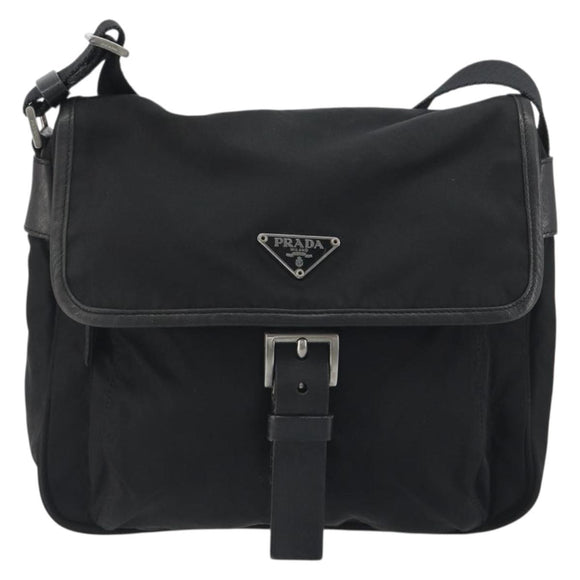 PRADA Shoulder Bag Nylon Black Silver Auth 194350A