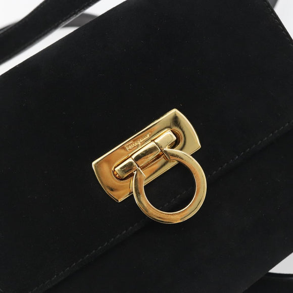 Salvatore Ferragamo Gancini Shoulder Bag Suede Black Gold Auth 194354A