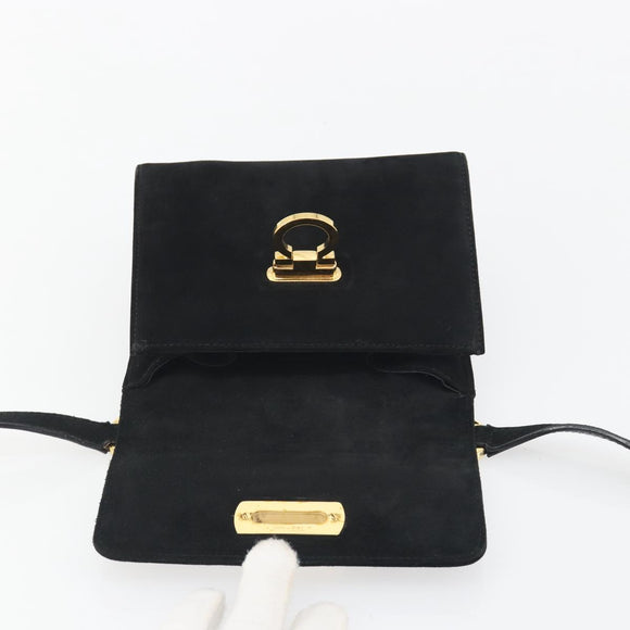 Salvatore Ferragamo Gancini Shoulder Bag Suede Black Gold Auth 194354A