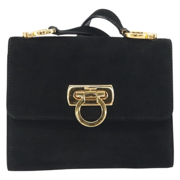 Salvatore Ferragamo Gancini Shoulder Bag Suede Black Gold Auth 194354A