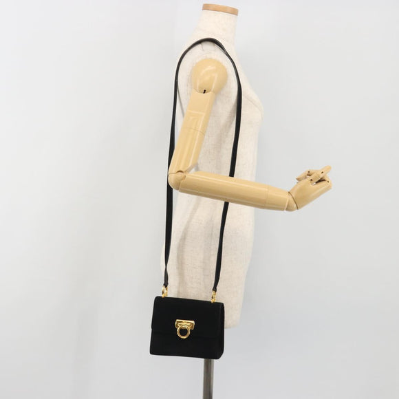 Salvatore Ferragamo Gancini Shoulder Bag Suede Black Gold Auth 194354A